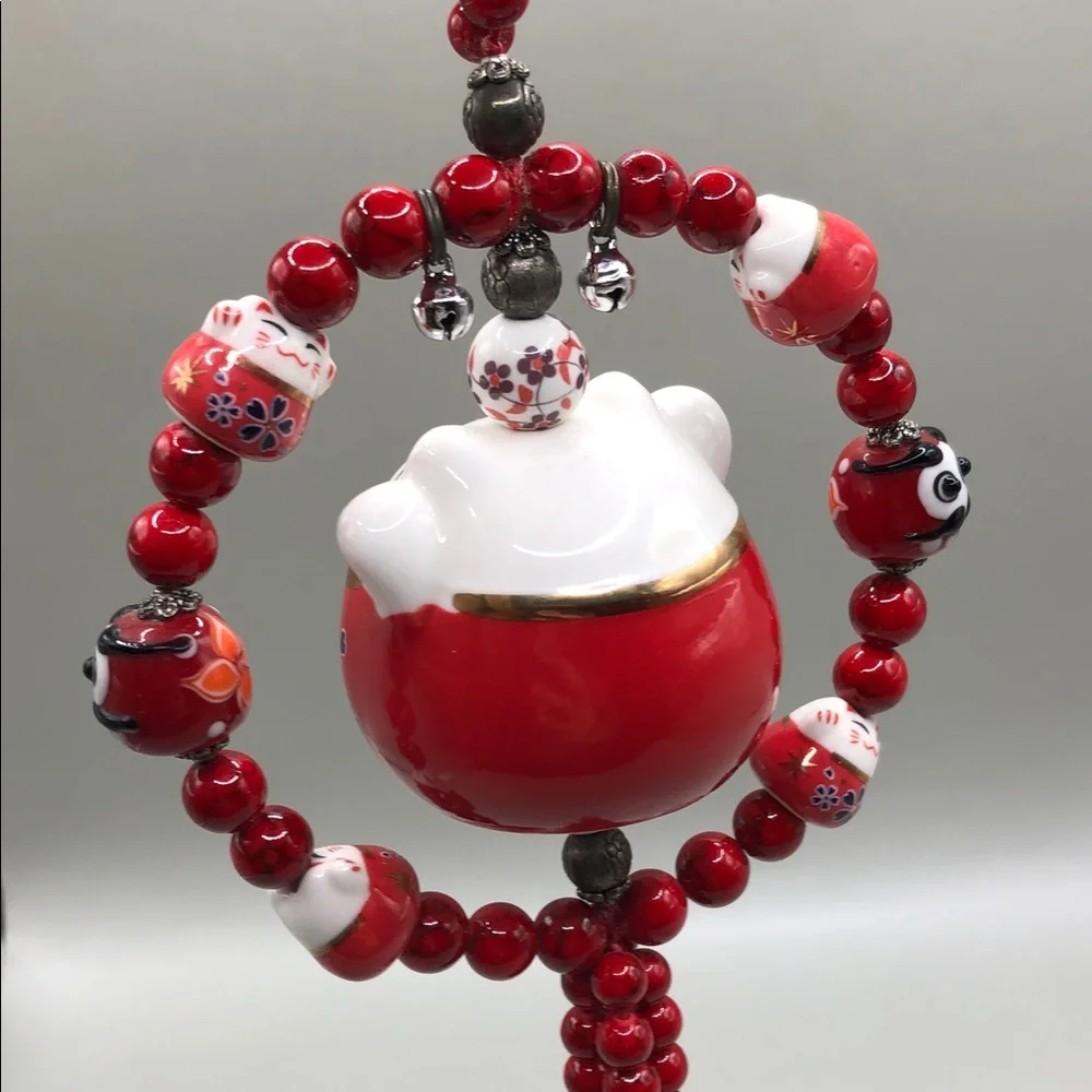 Vintage 90's Maneki Neko Ceramic Hanging Amulet Charm Hanger Hang Up Japan